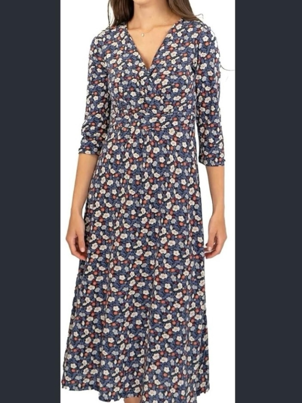 Pact Organic cotton Navy Floral Wrap Maxi Dress with White & Rust Blooms